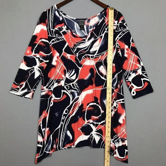 Clara Sun Woo Tunic Top Women Size Medium M Slinky Print 3/4 Sleeve Asymmetrical - Picture 11 of 13
